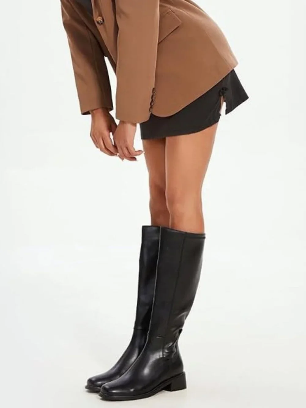 Women's Black Faux Leather Square Toe Knee High Stretch With Side Zipper Boots